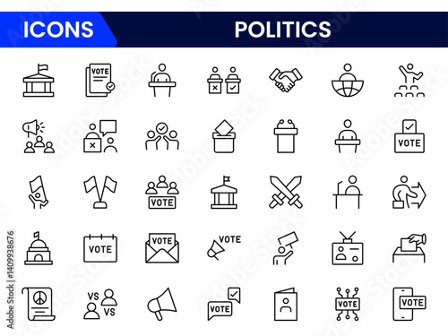 Vector illustration web line icon collection featuring government buildings, ballots, megaphones, handshakes, and flags, symbolizing political systems, elections, diplomacy, and civic engagement.