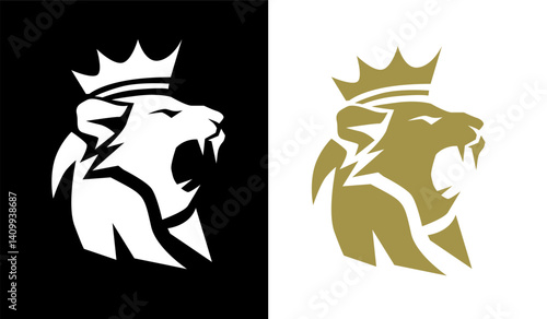 illustration elegant male lion head with crown vector logo design white and gold, Wild cat silhouette emblem, Majestic king