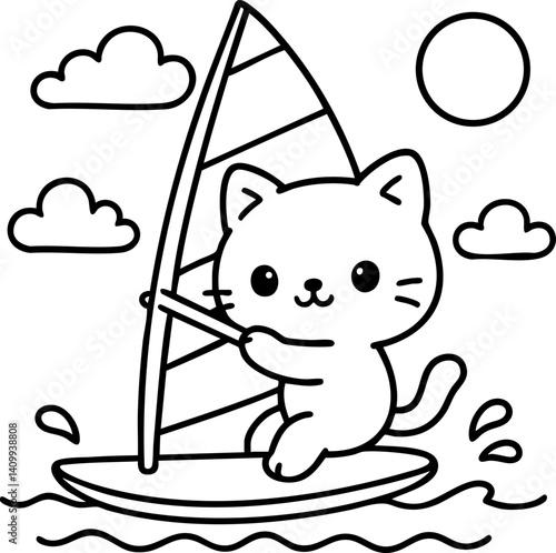 Dessin au trait pour page ou livre de coloriage de chat mignon et amusant. Trait simple et facile, vecteur noir transparent. 