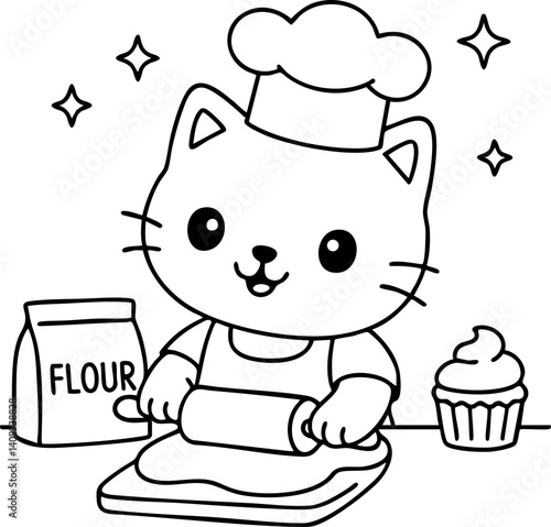 Dessin au trait pour page ou livre de coloriage de chat mignon et amusant. Trait simple et facile, vecteur noir transparent. 