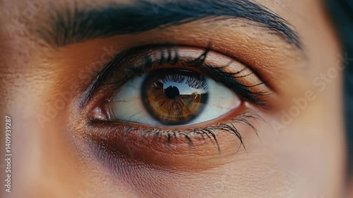 Detailed close up view of a human eye with brown iris and reflections in the pupil, capturing the intricate details and natural beauty