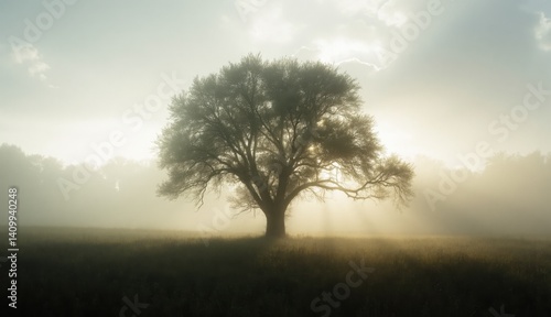 Wallpaper Mural A large solitary tree stands in a foggy open field at sunrise with golden light rays piercing through the morning mist and distant trees lining the background horizon Torontodigital.ca