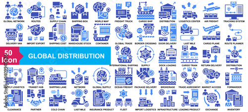 "Global Distribution" icon collection set. Global Network, Trade Routes, Supply Chain, Shipping Box, World Map icon. Simple Glyph Color vector.