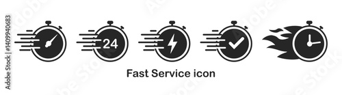Stopwatch icon symbol, quick time icon, speed time vector icons. Time fast icon in solid and stroke style.