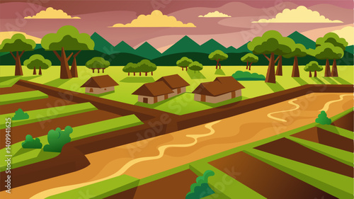 From above the once green and vibrant rice fields now appeared as a brown muddy sea with only the tops of trees and buildings emerging from its depths.. Vector illustration