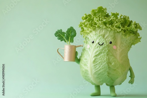 A cute lettuce character holding a watering can with sprouting leaves, set against a green backdrop. 3D soft pop