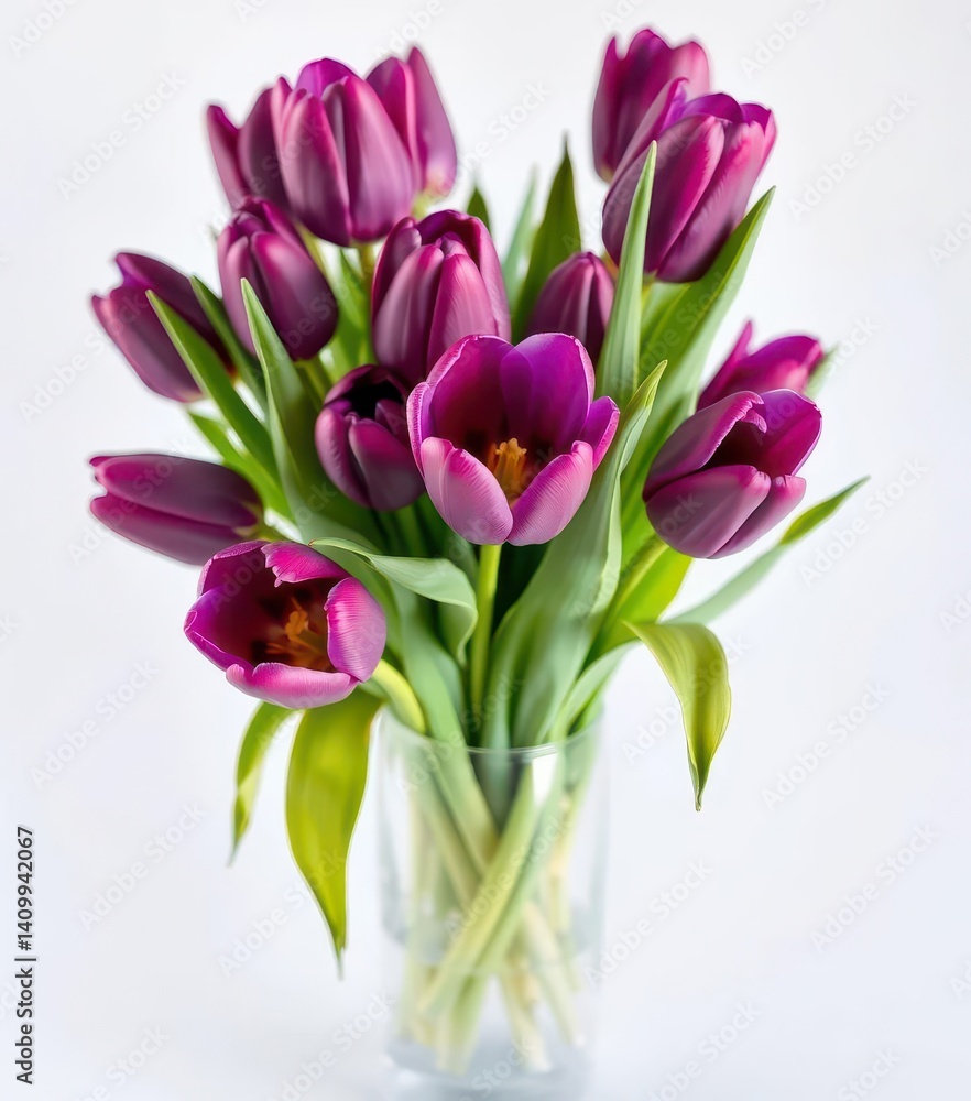 A vibrant bouquet of deep purple tulips arranged in a clear glass vase, light, purple, delicate A vibrant bouquet of deep purple tulips arranged in a clear glass vase, light, purple, delicate