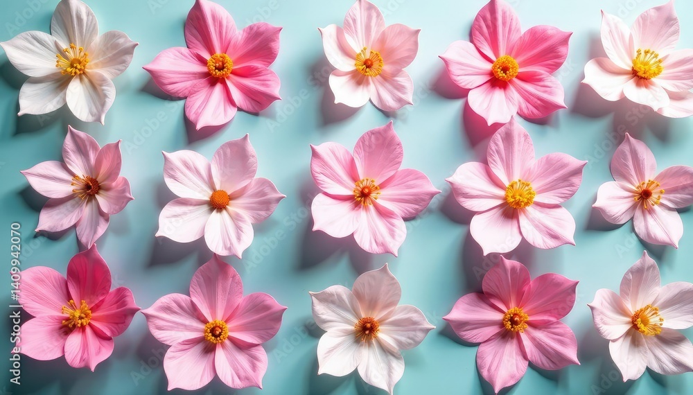 Delicate blossoms arranged in square grids, pastel shades, simple, design, flower Delicate blossoms arranged in square grids, pastel shades, simple, design, flower