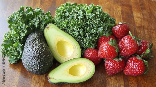 Ingredients for a green smoothie, including kale, avocado, and fresh fruit, on a wooden countertop