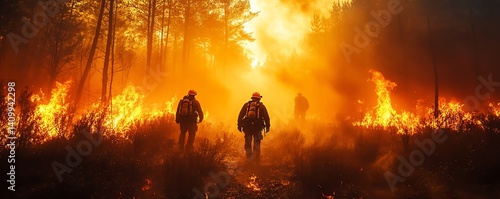 Heroic firefighters silhouetted by towering flames of forest blaze, heat haze and smoke, emotional disaster moment, highresolution, AIgenerated art