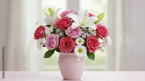 Pink Vase with Pink and Red Roses, White Lilies and Daisies Bouquet on Light Table