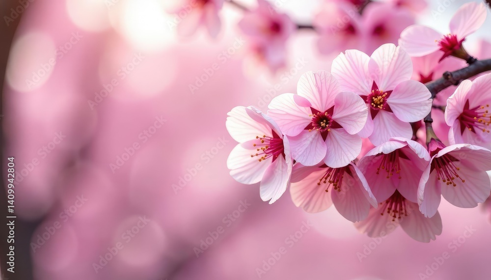 Fototapeta premium Delicate pink sakura blossoms in full bloom, arranged in a repeating pattern , bloom, pink