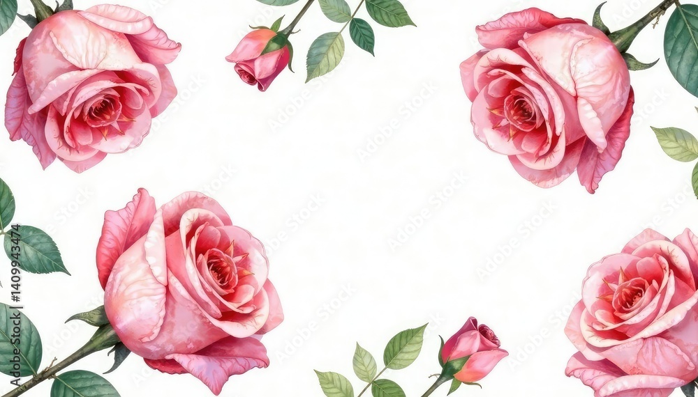 Fototapeta premium Delicate watercolor roses & leaves, repeating pattern, red, art