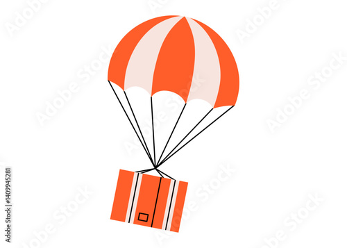 Hand drawn cute illustration of cardboard box with parachute. Flat vector flying package in colored doodle style. Parcel shipping icon. Shopping logistics. Delivery service sticker. Isolated.