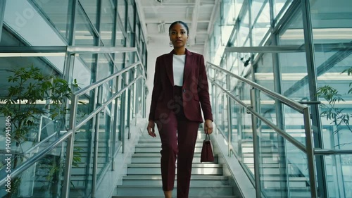 Wallpaper Mural Elegant woman in a suit descends stairs in a modern office building with glass walls and a metallic railing Torontodigital.ca