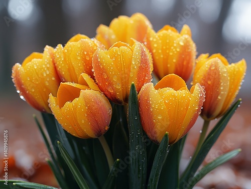 Close-up of yellow and orange tulips with water droplets in a garden setting.