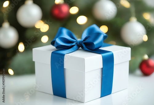 a beautifully wrapped white gift box with a vibrant blue ribbon bow sits against a softly blurred backdrop of a decorated christmas tree.
