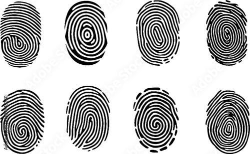 Collection of eight black fingerprint on white background. Fingerprint security access authorization icons illustration.
