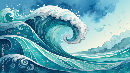Abstract Waves Background in Swirling Turquoise & Deep Blue – Dynamic Ocean-Inspired Design Honoring Oceanian Traditions (with Copy Space)*