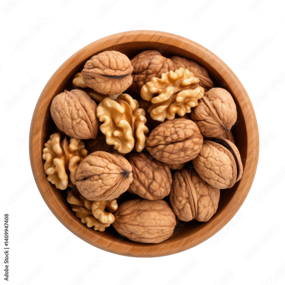 walnuts in wooden bowl top view isolated on white or transparent png walnuts in wooden bowl top view isolated on white or transparent png