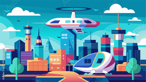 A virtual tour of a futuristic city demonstrating the seamless integration of air taxis into the urban landscape and the impact on everyday life.. Vector illustration