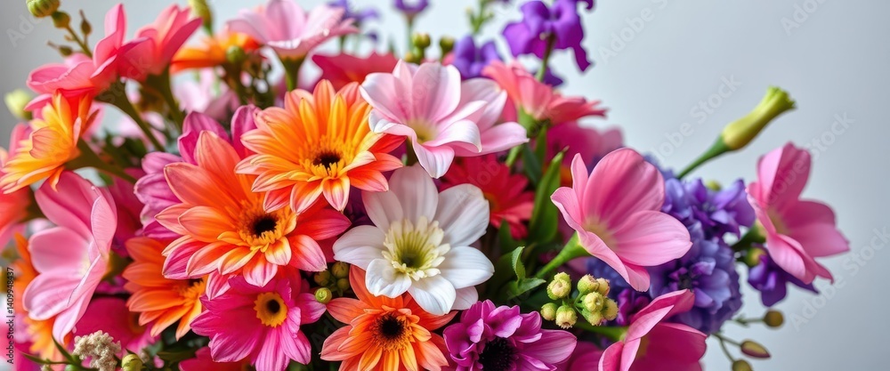 Obraz premium Vibrant mixed flower bouquet, lush blossoms in elegant floral arrangement, stems, nature, tulips