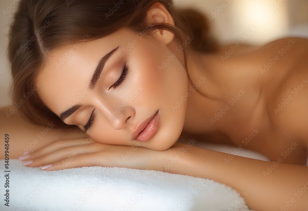 a serene woman with flawless makeup peacefully rests on a soft white towel, embodying relaxation and spa indulgence. a serene woman with flawless makeup peacefully rests on a soft white towel, embodying relaxation and spa indulgence.