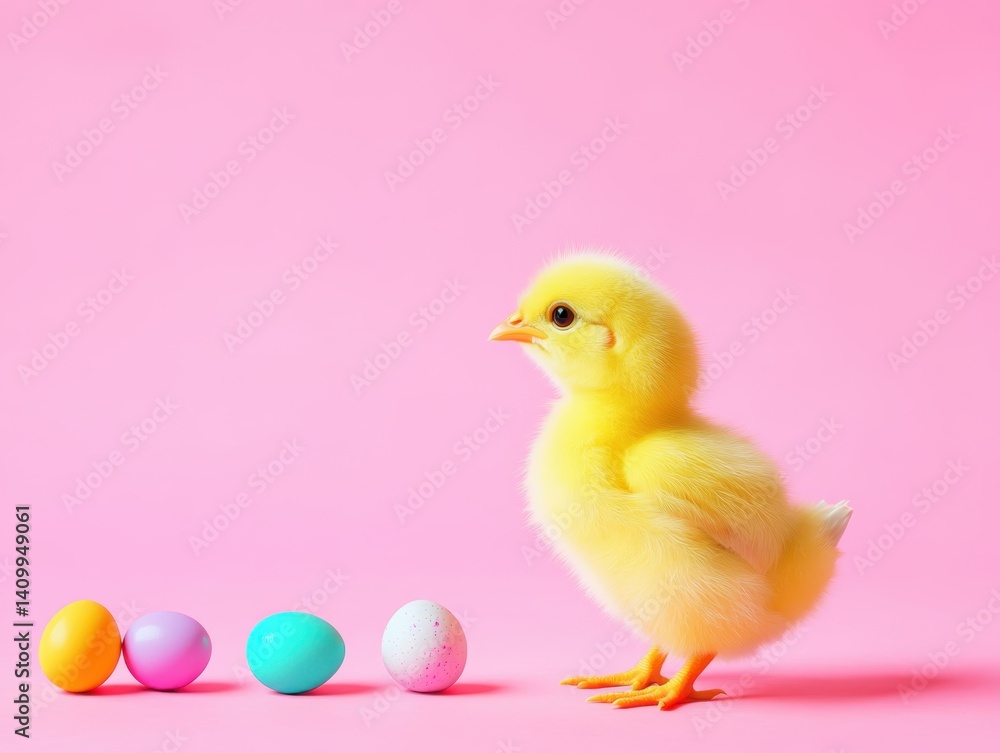 Cute yellow fluffy chick and Easter eggs. Easter background for greeting card or banner. Easter holiday concept. Cute yellow fluffy chick and Easter eggs. Easter background for greeting card or banner. Easter holiday concept.