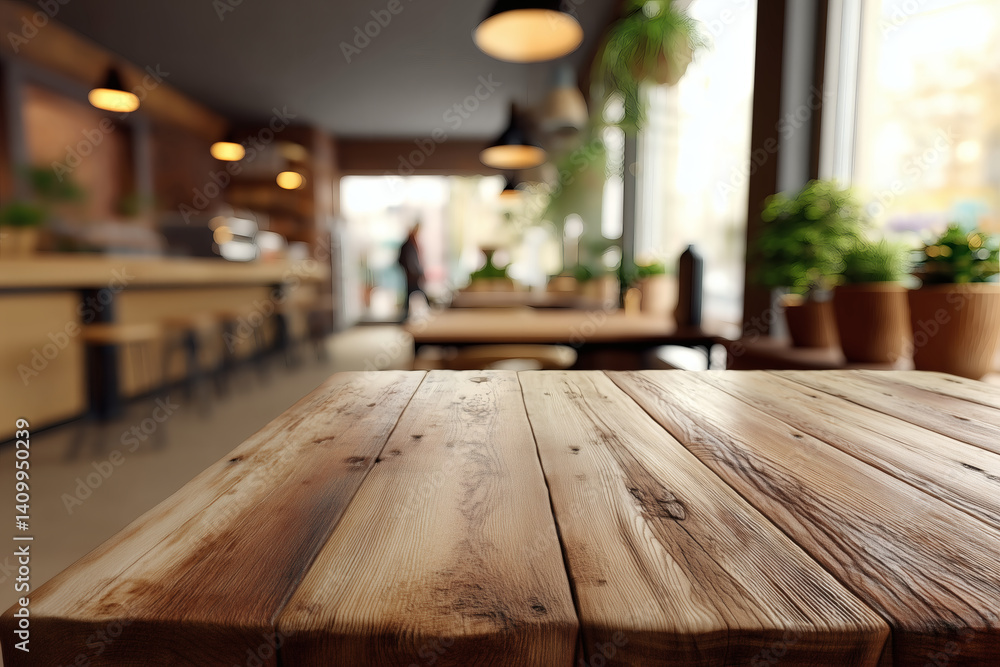Rustic wooden table foreground in a naturally lit coffee shop interior with blurred background. Cozy space. Rustic wooden table foreground in a naturally lit coffee shop interior with blurred background. Cozy space.