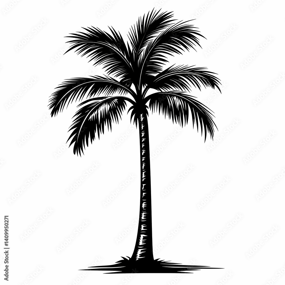 Obraz premium Tropical Palm Tree Silhouette. Black and White Botanical Illustration for Exotic Beach Vibes