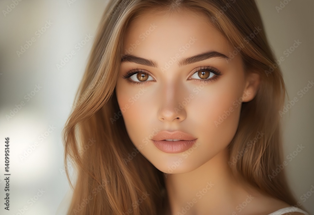 a captivating close-up portrait of a beautiful woman with long brown hair and striking brown eyes, showcasing flawless makeup and a serene expression. a captivating close-up portrait of a beautiful woman with long brown hair and striking brown eyes, showcasing flawless makeup and a serene expression.