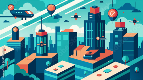 From high above the city looked like a circuit board with the flying taxis resembling busy electrons buzzing around.. Vector illustration