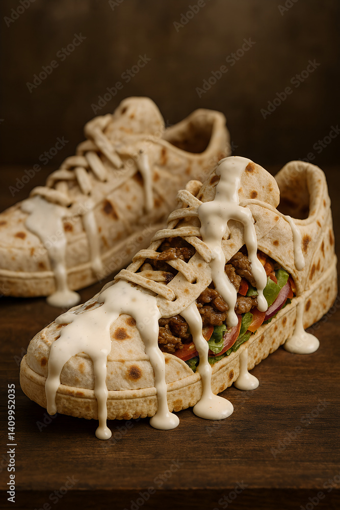 Sneakers made of lavash, inside the sneakers there is a filling of meat with sauce and vegetables, and sauce runs down the lavash sneakers
