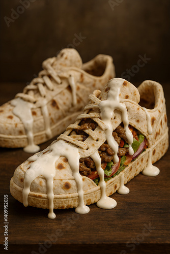 Obraz na płótnie Sneakers made of lavash, inside the sneakers there is a filling of meat with sauce and vegetables, and sauce runs down the lavash sneakers w salonie