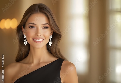 a stunning woman with long brown wavy hair and sparkling earrings smiles confidently while wearing a sleek black one-shoulder dress against a blurred golden backdrop. Free Download a stunning woman with long brown wavy hair and sparkling earrings smiles confidently while wearing a sleek black one-shoulder dress against a blurred golden backdrop. - GFXLoad