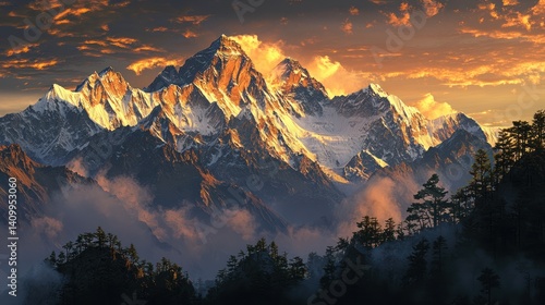 The sky glowing with golden hues above snow-capped mountains
