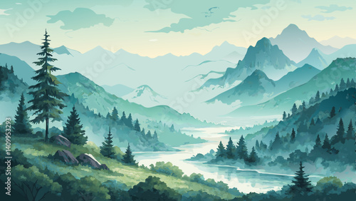  *Watercolor Meditative Landscape – Serene Mountains & Tranquil Valleys in Soft Greens & Blues (Calming Background with Copy Space)*  