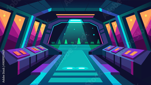 The color scheme of the pit is reminiscent of a scifi movie with glowing LED lights lining the edges of each display providing a mesmerizing glow in the dark pit.. Vector illustration