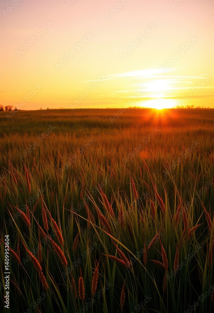 Golden meadow bathed in sunset's orange and purple hues, long shadows stretching across the grass, colors, heavenly Golden meadow bathed in sunset's orange and purple hues, long shadows stretching across the grass, colors, heavenly