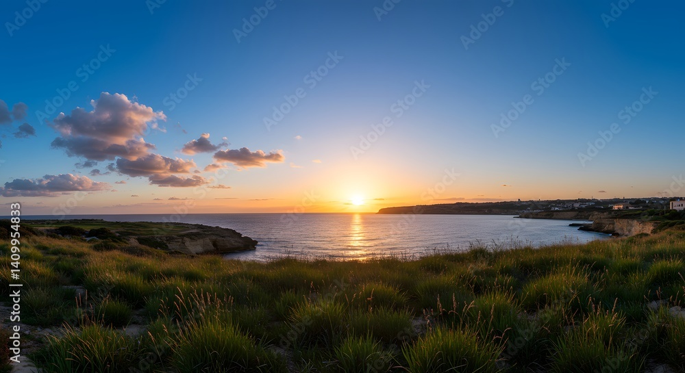 Sunset Over Calm Water From Grassy Hilltop with Blue Sky Sunset Over Calm Water From Grassy Hilltop with Blue Sky