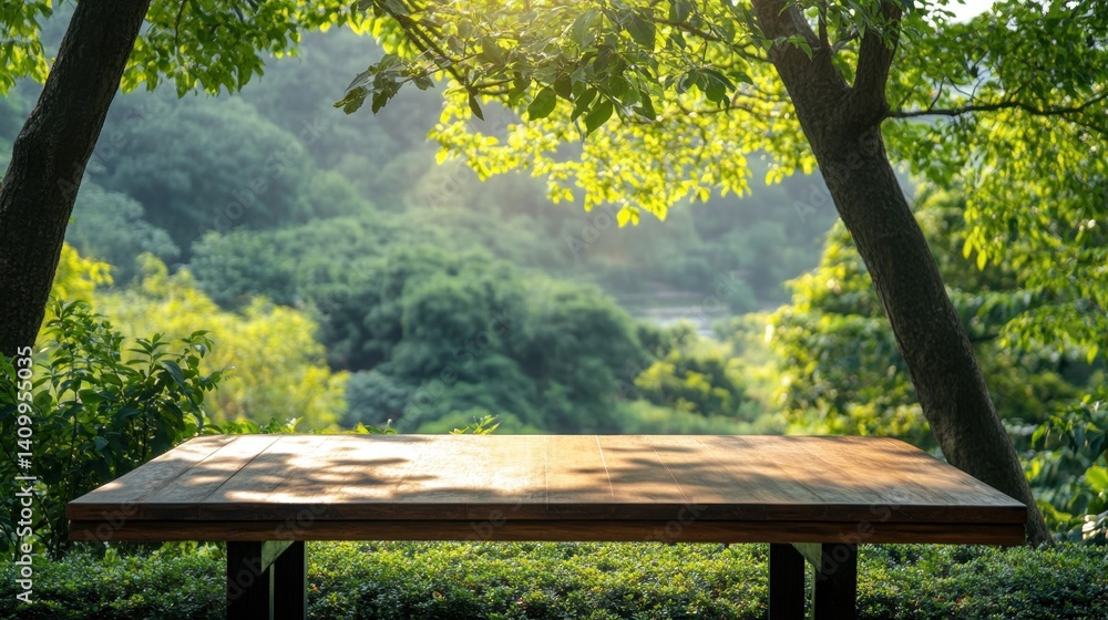 Naklejka premium A serene wooden table sits surrounded by lush green foliage, offering a peaceful outdoor space in nature. Perfect for relaxation and contemplation.