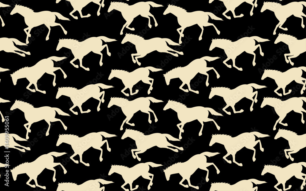 Running horse silhouette seamless pattern on black ivory chic backgrounds