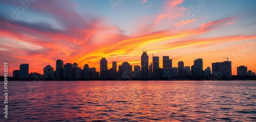 Tampa Bay skyline at sunset, reflecting on water, scene, buildings