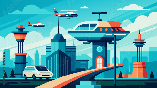 High above the air taxi terminal seemed like a miniature city with eVTOLs acting as its main mode of transportation.. Vector illustration