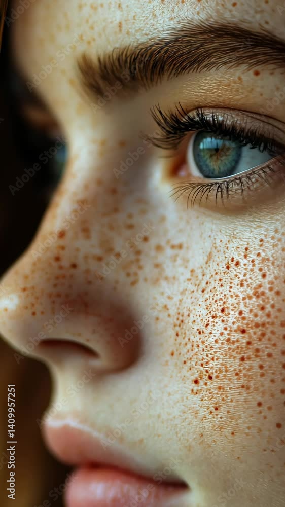 Close up of a person with striking green eyes and freckles showcasing natural beauty in a soft light setting Close up of a person with striking green eyes and freckles showcasing natural beauty in a soft light setting