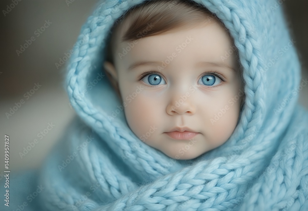 a captivating close-up portrait of a baby with striking blue eyes peeking out from within a soft, chunky knit blue blanket. a captivating close-up portrait of a baby with striking blue eyes peeking out from within a soft, chunky knit blue blanket.