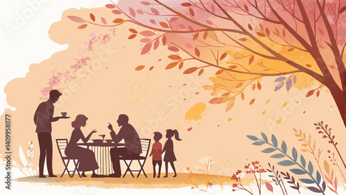  *Family Gathering Watercolor Background – Warm Abstract Silhouettes Around a Table with Copy Space*