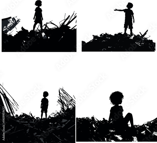 Emotional silhouette of Child Trapped in broken house