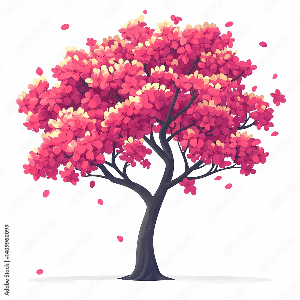 Obraz premium Colorful Botanical Illustration of a Vibrant Flowering Tree on Clear Background