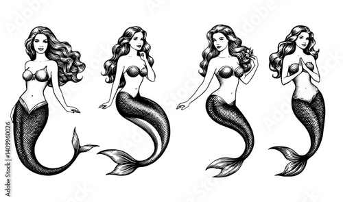 Mermaids set in black and white in vintage style.